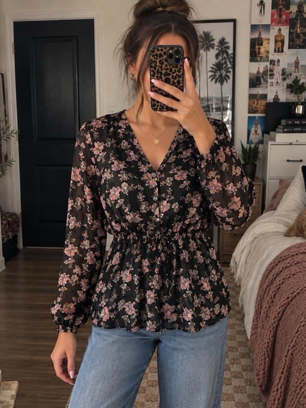 Rebecca Taylor Black Blouse with Pink Floral Print